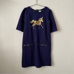 Gymboree Navy Blue Ribbed Knit Dress gold sequin unicorn exposed zip pockets